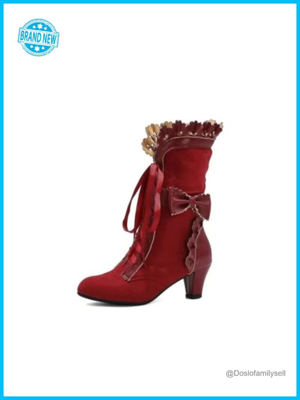 Victorian Lace Up Mid Calf Boots Faux Suede Chunky Heel Cosplay